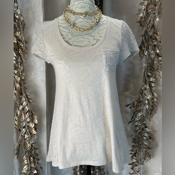 Anthropologie Tan Beige Sweater Knit Sleeve & Back Flowy Tee Shirt Women’s Small - Picture 1 of 11